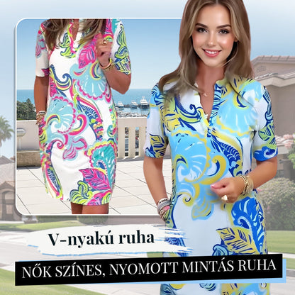 🌸Nők színes, nyomott mintás V-nyakú ruha