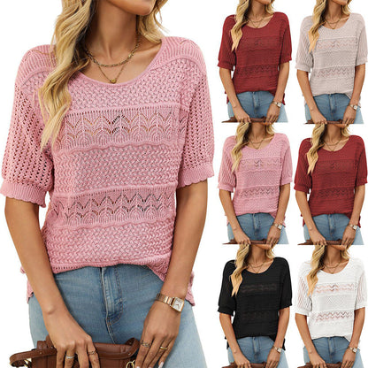 🔥Női kerek nyakú, rövid ujjú, kivágott pulóver kivágással【S-XL】👚