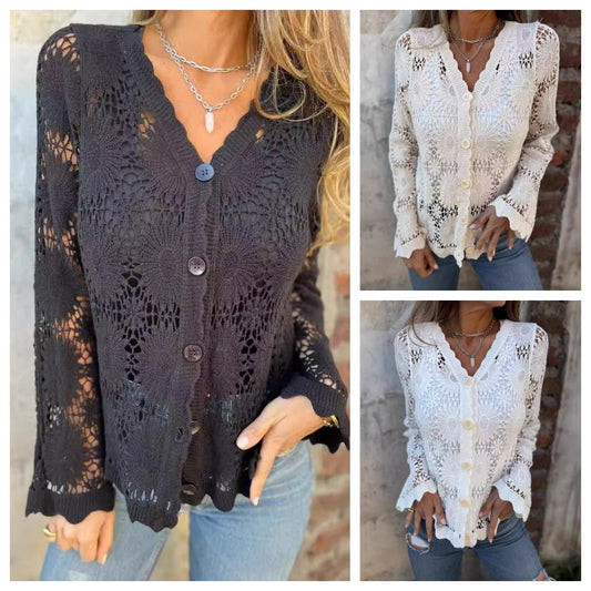 【S-2XL】🌸Női csipkés V-nyakú hosszú ujjú felső