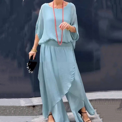🌹Blouse top, pantaloni cu picior lat, costum din două piese din șifon