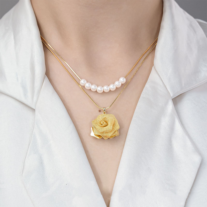 💕New Arrival💕3D Rose & Pearl Double Layered Necklace (2 szett öltöny)