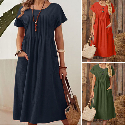👗【S-4XL】Női rakott ruha rövid ujjal és zsebekkel