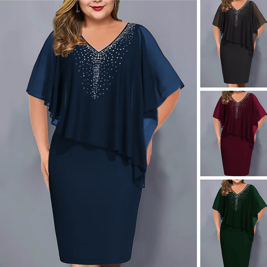 ✨Strasszos V-nyakú Cape ruha sifon borítással