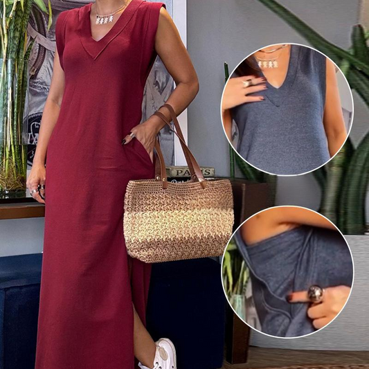 ✨Női V-nyakú ujjatlan hasított maxi ruha