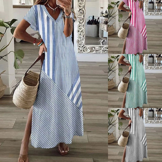 🔥✨Női csíkos V-nyakú ruha hasított résszel👗