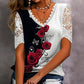 【S-4XL】👚Csipkés patchwork nyomtatott rövid ujjú felső