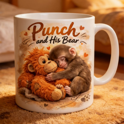 ☕🐒„Punch és a medve” aranyos majom kerámia bögre