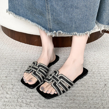 ⏰Női geometrikus strasszos, négyzetes orrú lapos papucs💎👡