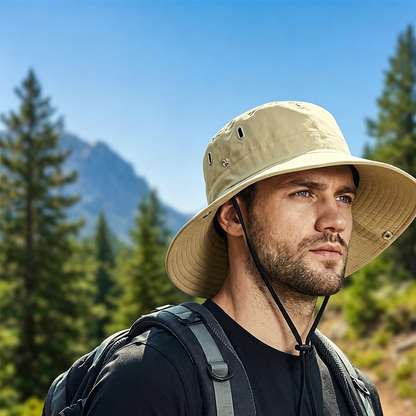 🧢 ☀️ Széles karimájú, állpántos szabadtéri napkalap – Könnyű, védő és tökéletes a strandra és a túrázáshoz 🏖️ 🥾