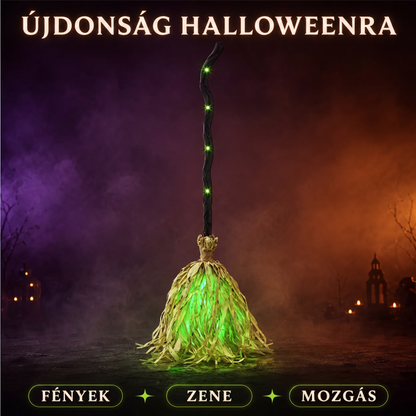 🧹🎃 Halloween elektromos boszorkányseprű díszítés –💡 Világító, mozgó dekoráció – Utánvét ✨