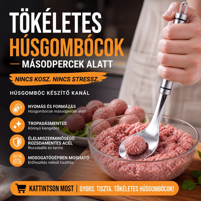 🥄 Acél húsgombóc-formázó kanál – Egyenletes gombócok, tartós ⚡
